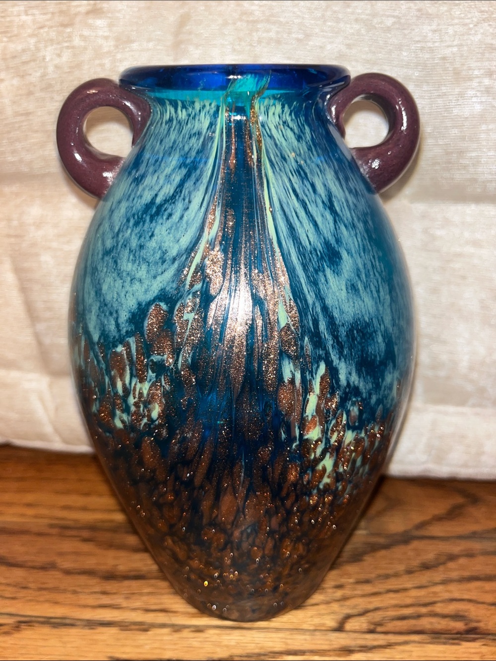 Dale Tiffany Blue and Copper Glass Vase with Loop Handles